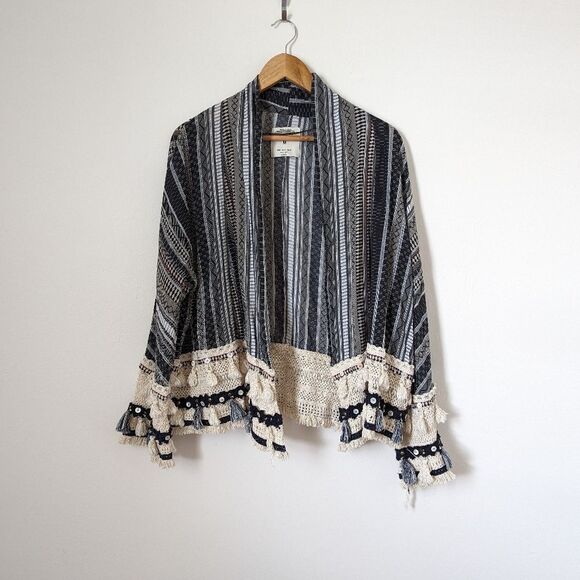 Zara navy blue cream tassel embellished stripe cotton open front cardigan - Picture 2 of 7